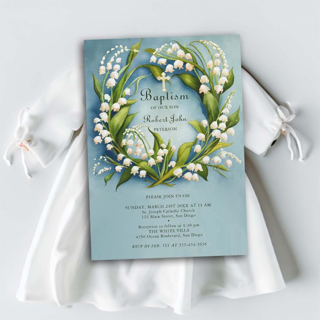 Convites Dourada Cruz Wreath Formal Blue Baptism do Vale do (baptism invitation christening name celebration boy blue lily valley wreath floral elegant formal)