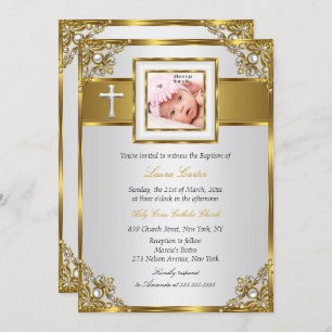 Convites Dourada Damask Cross Foto Baptism Christening 2