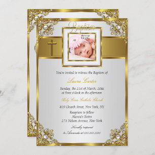 Convites Dourada Damask Cross Fotografia Baptism Christenin