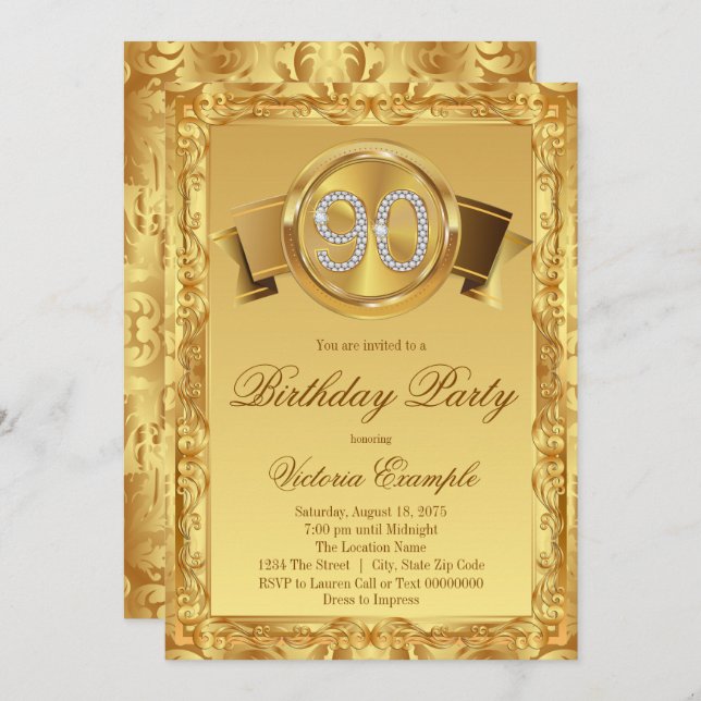 Convites Dourada Diamond Swirans Mulheres 90 de Aniversário (Frente/Verso)