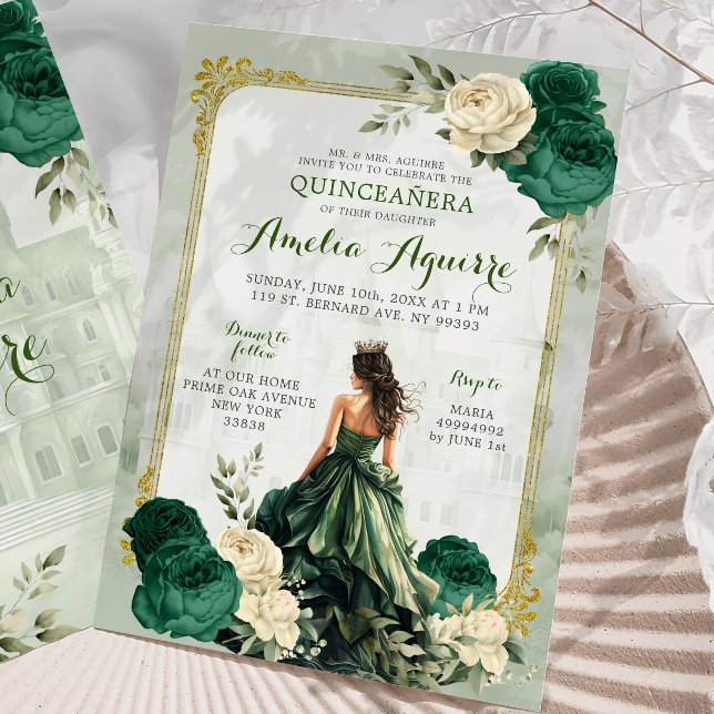 Convites Dourada e Emerald Green Castle Princess Quinceañer (Criador carregado)