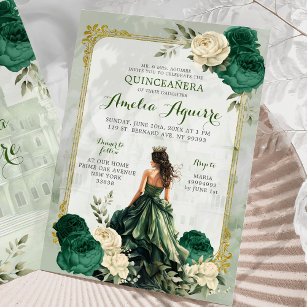 Convites Dourada e Emerald Green Castle Princess Quinceañer