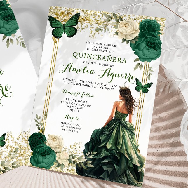 Convites Dourada e Emerald Green Princesa Real Quinceañera (Criador carregado)