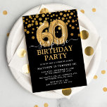 Convites Dourada e negra moderna, 60ª Festa de aniversário<br><div class="desc">Convite de aniversário moderno de preto e ouro para alguém que está fazendo 60 anos! Apresentando um fundo preto,  faux gold glitter confetti,  balões de 60 anos de ouro e um elegante modelo de aniversário que é fácil de personalizar.</div>