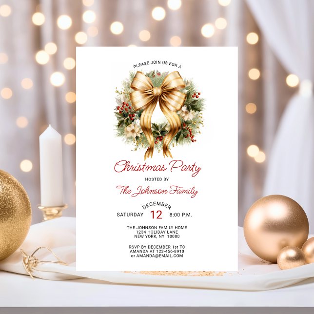 Convites Dourada e Red CHRISTMAS PARTIDO Wreath Company (Festive CHRISTMAS PARTY Red Gold Wreath Company Invitation)