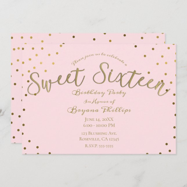 Convites Dourada e rosa Blush Moderno Sweet 16 Festa de ani (Frente/Verso)