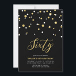 Convites Dourada e simples 60.ª Festa de aniversário Invi<br><div class="desc">Celebre seu dia especial com este mínimo de 60º convite de aniversário. Este design apresenta um script de na moda com letra "Sessenta" com um confete em forma de hexágono com uma combinação de cores preto e dourado. Mais designs disponíveis no meu compro BaraBomDesign.</div>