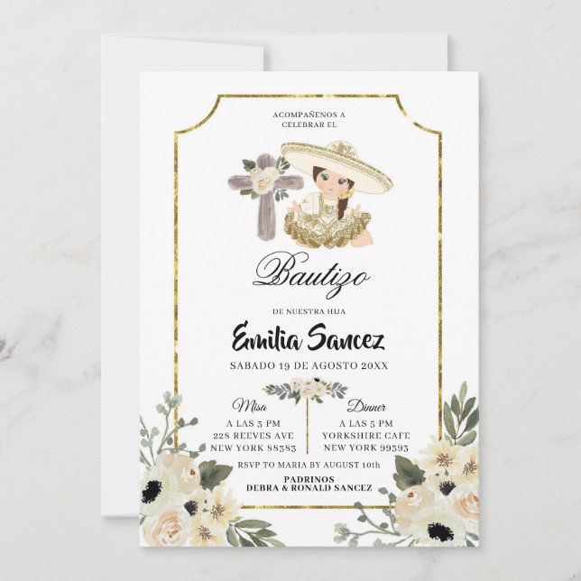 Convites Dourada e White Floral Girl Bautizo Invitation (Frente)