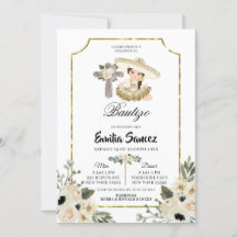 Dourada e White Floral Girl Bautizo Invitation