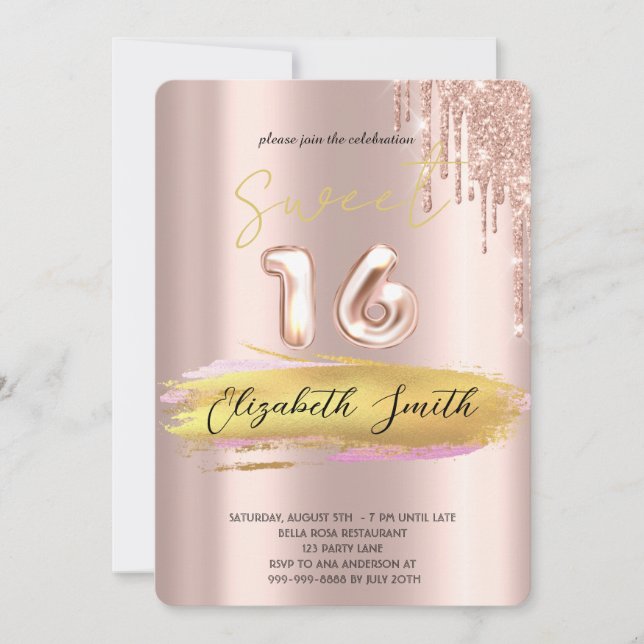 Convites Dourada elegância, rosa dourado, 16 Convidados (Frente)