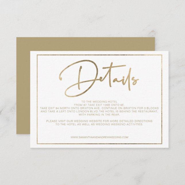 Convites Dourada elegância, script chic detalhes do casamen (Frente/Verso)