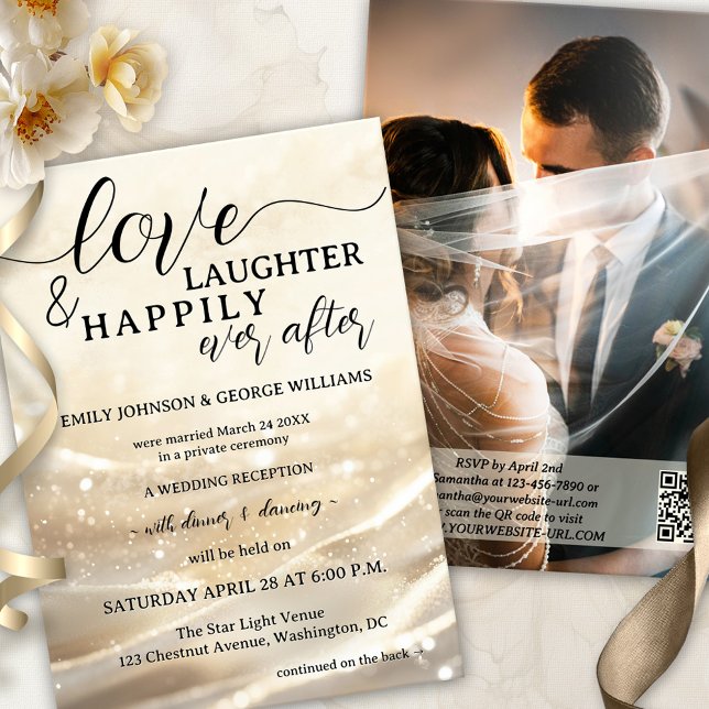 Convites Dourada Elope Espumante Feliz Para Sempre Após Cas (A boho chic happily ever after wedding invitation showing a gold design with festive sparkling light)