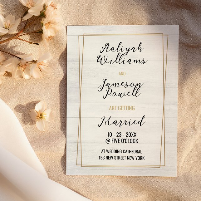 Convites Dourada estrutura tipografia de madeira rústica br (Gold frame white rustic wood typography Wedding)