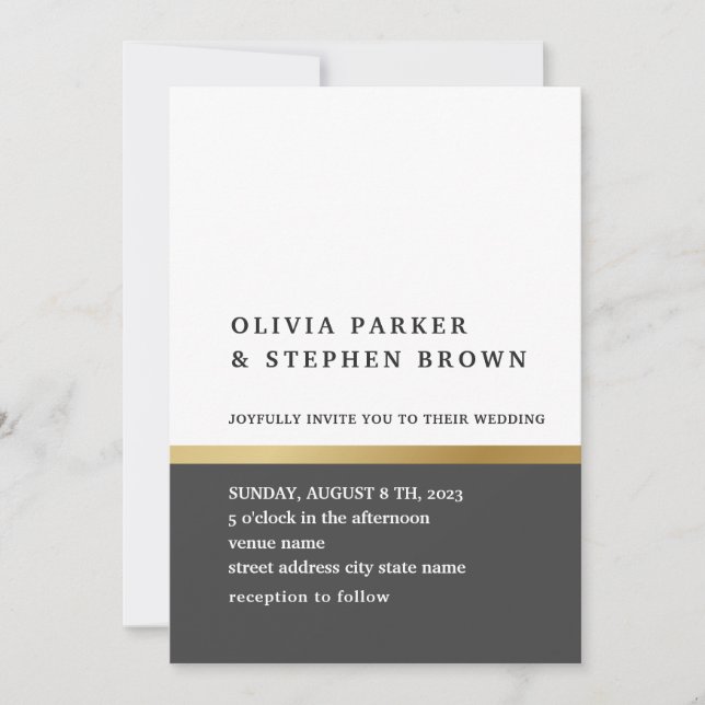 Convites Dourada faixa. Casamento branco e preto elegante (Frente)