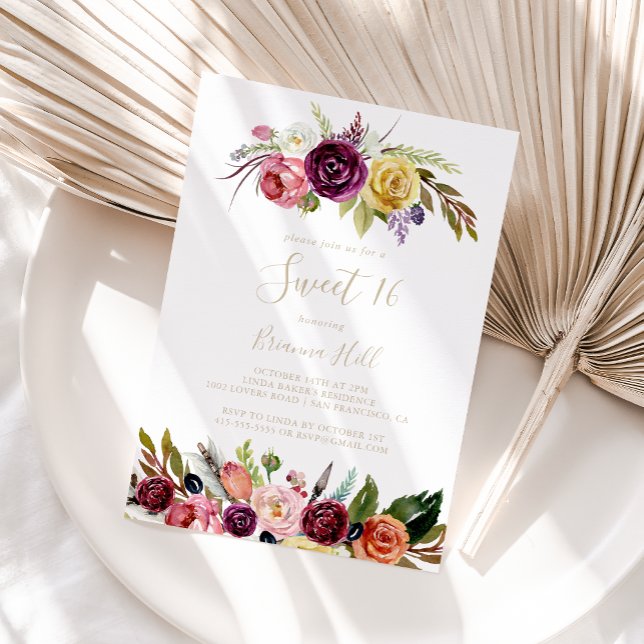 Convites Dourada Feather Boho Floral Sweet 16 Festa de aniv (Criador carregado)