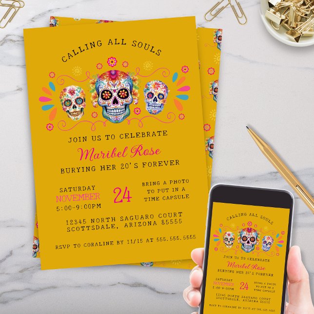 Convites Dourada Festa de aniversário do Dia de los Muertos (gold dia de los muertos day of the dead party invitations with personalized text for any occasion)
