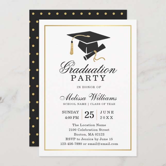 Convites Dourada Festa de formatura Branca  Moderna Elegant (Frente/Verso)