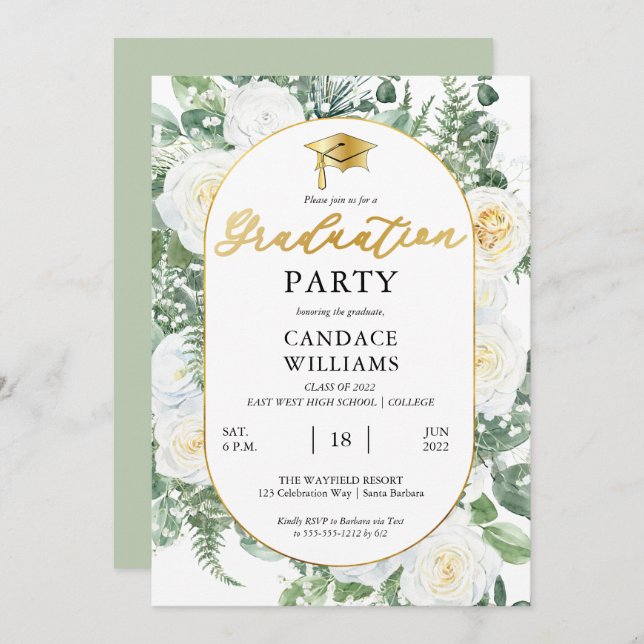 Convites Dourada Festa de formatura de Quadros Floral de Ro (Frente/Verso)