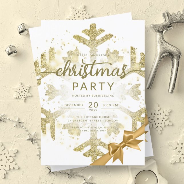 Convites Dourada Fita de Natal da Companhia de Neve de Inve (Gold Winter Glitter Snow Company Christmas Ribbon Invitation)