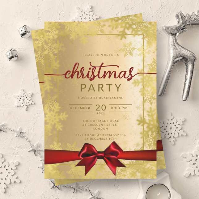Convites Dourada Flocos de Neve Companhia Fita de Natal Fit (Gold Snowflakes Company Christmas Red Ribbon Invitation)
