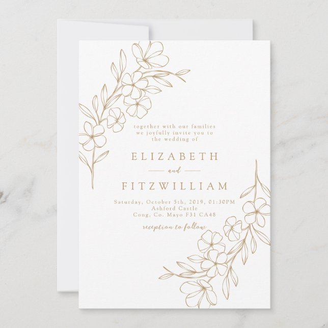 Convites Dourada, Flor de Cereja Simples, Solto de Mão (Frente)