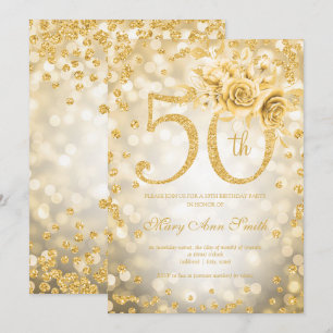 Convites Dourada Floral 50ª Luzes de Vidro de Aniversário