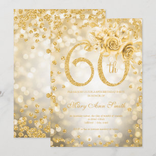 Convites Dourada Floral 60ª Luzes de Vidro de Aniversário