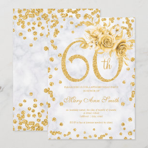 Convites Dourada Floral 60º Aniversário Luzes de Prata