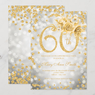 Convites Dourada Floral 60º Aniversário Luzes Prateadas