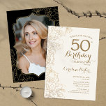 Convites Dourada Floral, Festa de aniversário 50ª Foto Pret<br><div class="desc">Convite de aniversário Floral Black Dourado Photo 50th. Design minimalista moderno com desenhos botânicos em destaque e letra de script de tipografia. Simples trendy convida cartão perfeito para uma festa de na moda. Pode ser personalizado para qualquer idade. Impressos convites Zazzle ou modelo de impressão digital instantânea para download.</div>