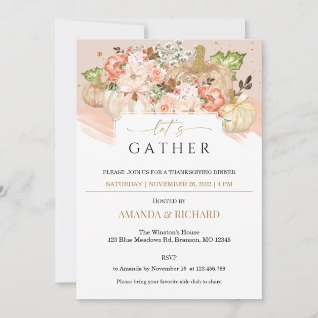 Convites Dourada Floral Pumpkin Janta de Ação de Graças Con (Frente)