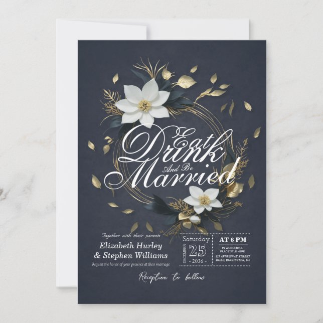 Convites Dourada Floral Wreath EAT Drink e Casamento (Frente)