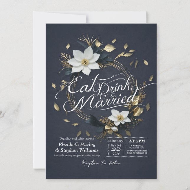 Convites Dourada Floral Wreath EAT Drink e Casamento (Frente)