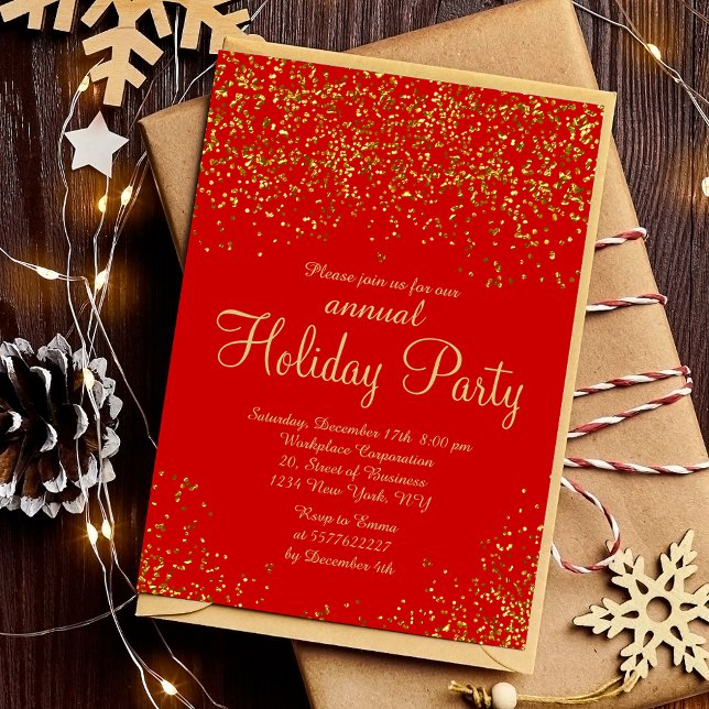 Convites Dourada folha vermelha confete corporativo (Gold glitter foil red confetti corporate Christmas Invitation)
