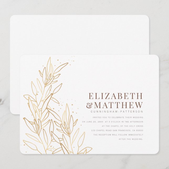 Convites Dourada Folhagem Moderna + Casamento Minimalista (Frente/Verso)