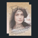 Convites Dourada Foto brilhante brilhante cor-de-rosa doce<br><div class="desc">Este elegante, feminino e doce convite de aniversário de 16 fotos é perfeito para a adolescente da moda e na moda. Representa um brilho brilhante dourado esmaecido e um gradiente rosa cor-de-rosa esfarelado com uma configuração personalizada de tipografia cursiva de scripts. É um toque glamouroso, feminino, simples e único numa...</div>