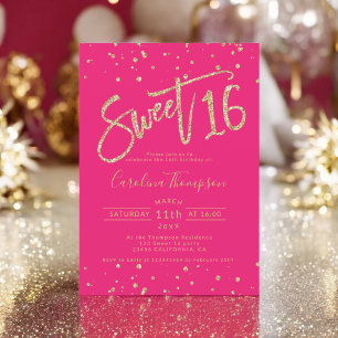 Convites Dourada foto de confetti neon rosa Sweet 16
