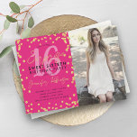 Convites Dourada Foto de Confetti Rosa Quente Surpresa Swee<br><div class="desc">Doce Elegante Dezesseis Convite de aniversário de modelo de Surpresa Dourado Glitter Confetti,  Foto personalizada e script de tipografia moderna.</div>