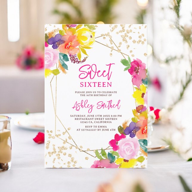 Convites Dourada foto floral boho bold Doce 16 (Gold glitter boho bold floral photo Sweet 16 Invitation)