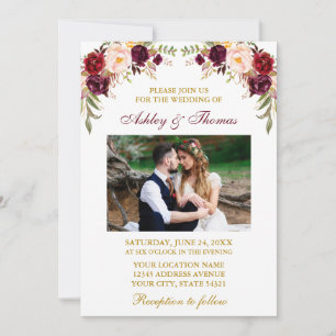 Convites Dourada Foto Floral de Watercolor Burgundy