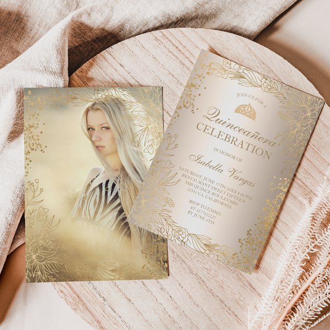 Convites Dourada fotografia metálica floral Tiara Chic Quin (Criador carregado)