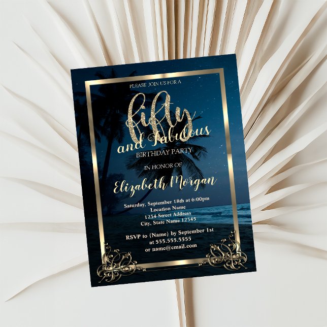 Convites Dourada Frame Beach Sunset 50th Festa de aniversár (Criador carregado)