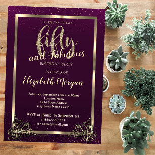 Convites Dourada Frame Confetti Violet 50ª Festa de anivers