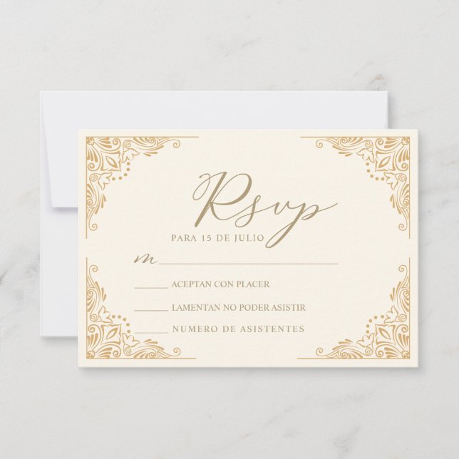 Convites Dourada Frame Ornamentado Nuestra Boda Wedd RSVP (Frente)