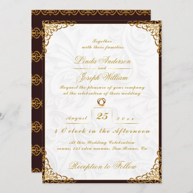 Convites Dourada Fronteira de Luxo e Casamento de Flores Nó (Frente/Verso)