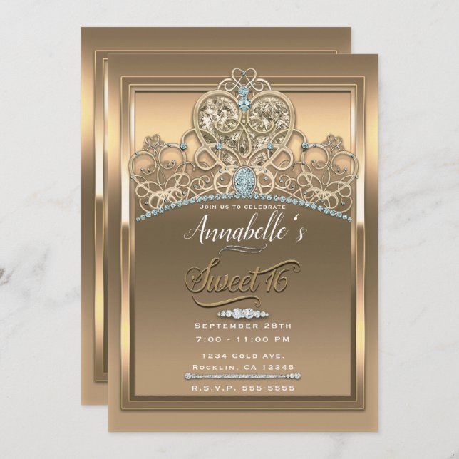 Convites Dourada Glam Princess Heart Tiara Sweet 16 Party (Frente/Verso)