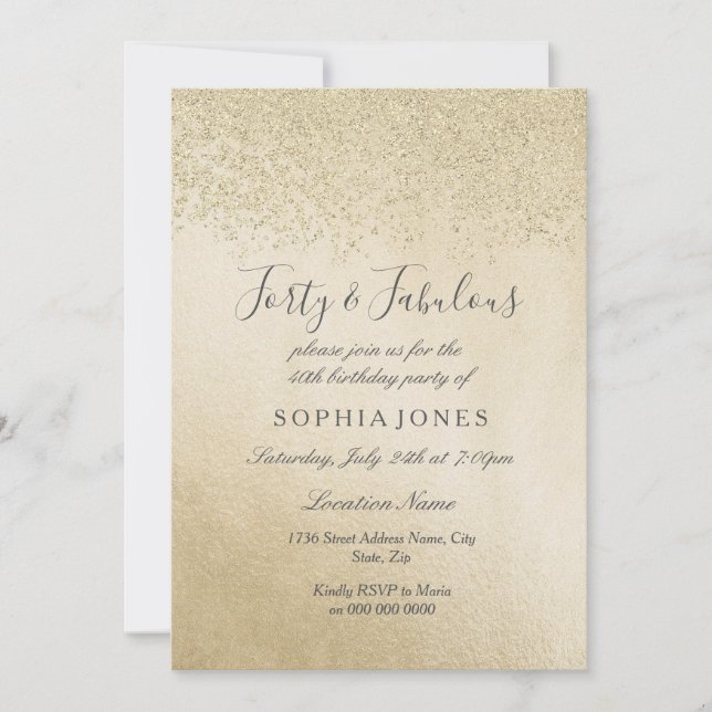 Convites Dourada Glitter 40 e fabulosa aniversário de 40 an (Frente)