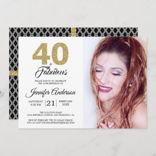 Convites Dourada Glitter 40 e Fabulosa Foto para aniversári