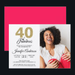 Convites Dourada Glitter 40 Fabuloso Aniversário Diva Foto<br><div class="desc">Na moda, elegante convite a aniversário de 40 anos, apresenta as palavras "40 e Fabuloso" em cintilação dourada e caligrafia negra e tipografia moderna. Basta adicionar seus próprios detalhes pessoais e sua foto favorita. A parte traseira da placa está em uma cor rosa clara diva (você pode alterar a cor...</div>