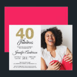 Convites Dourada Glitter 40 Fabuloso Aniversário Diva Foto<br><div class="desc">Na moda, elegante convite a aniversário de 40 anos, apresenta as palavras "40 e Fabuloso" em cintilação dourada e caligrafia negra e tipografia moderna. Basta adicionar seus próprios detalhes pessoais e sua foto favorita. A parte traseira da placa está em uma cor rosa clara diva (você pode alterar a cor...</div>